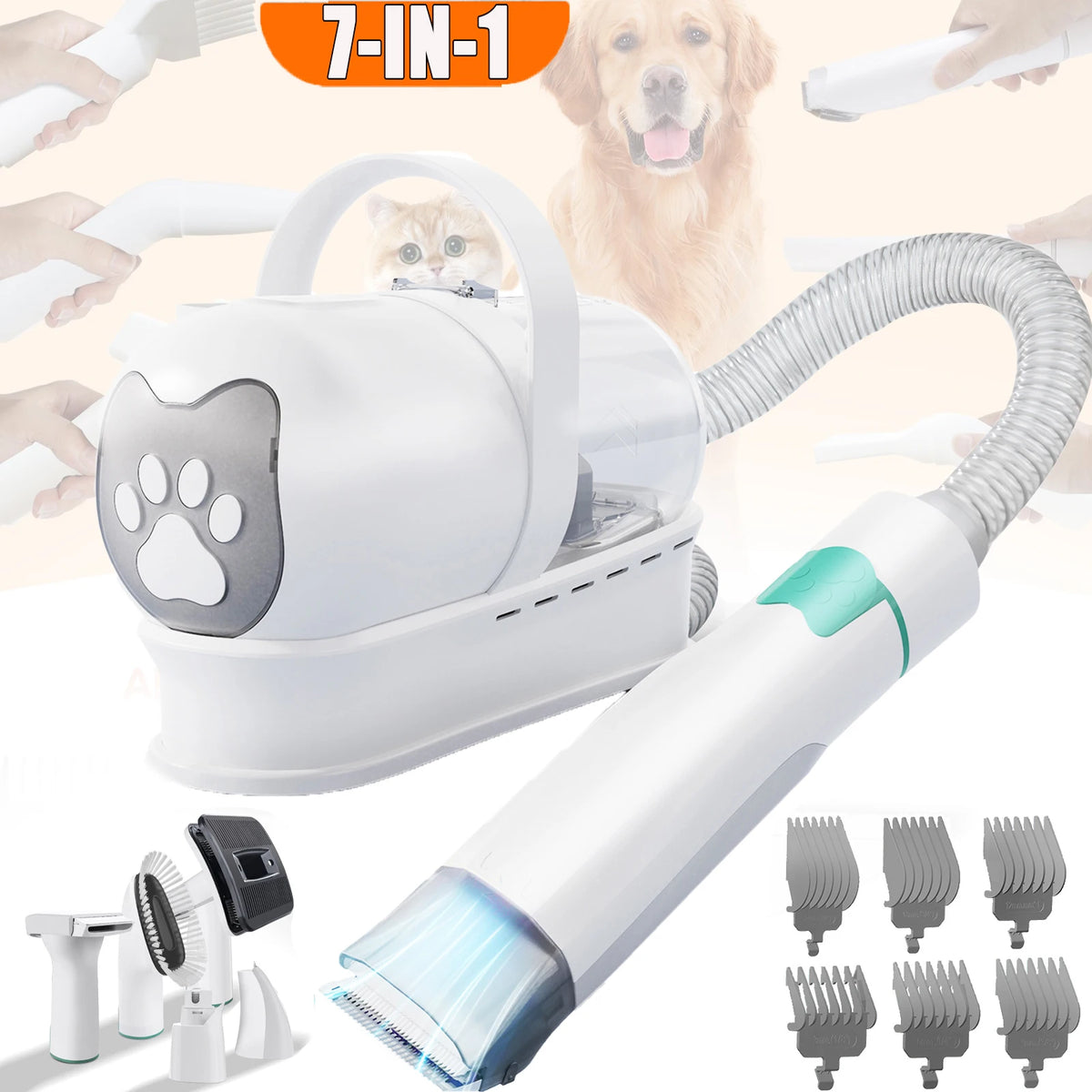 Kit de Cuidado para Mascotas 7 en 1, Aspiradora para Perros y Gatos, Soplador, Cortapelos Multifuncional, Afeitadora Eléctrica para Mascotas, Soplador de Agua Específico para Perros y Gatos