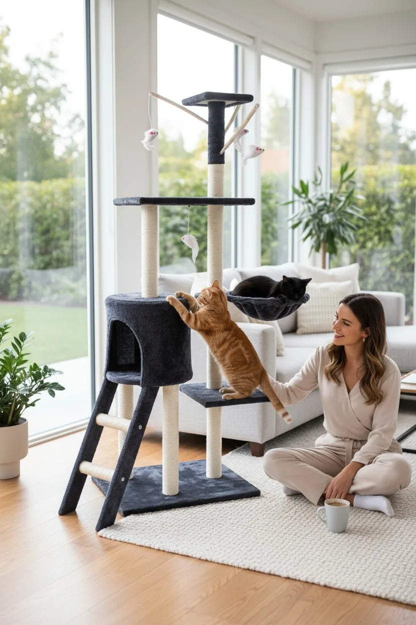 Rascador para gatos con torre multiusos, casita, hamaca y juguetes – Color Gris o Beige Amarillento Marca Cottecota + Vara