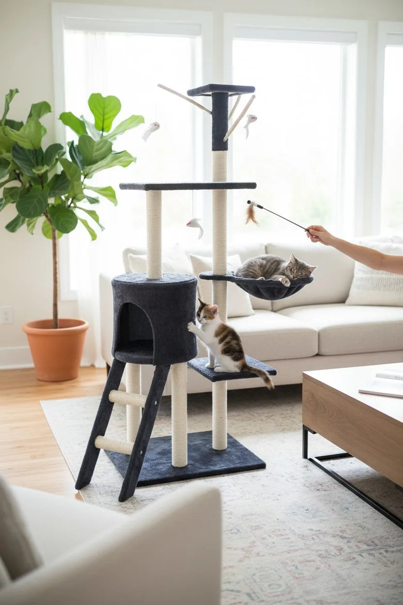 Rascador para gatos con torre multiusos, casita, hamaca y juguetes – Color Gris o Beige Amarillento Marca Cottecota + Vara