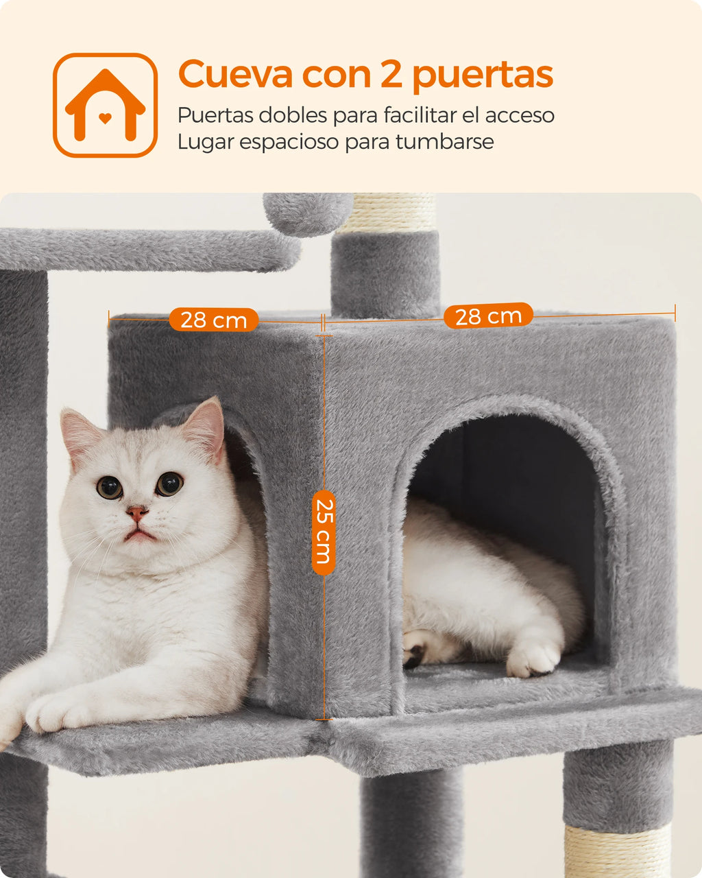 Feandrea Árbol para Gatos, Altura 112 cm/143cm, Torre de Gatos, con 4 Postes Rascadores, 2 Plataformas, 1 Cueva, 1 Hamaca, 2 Pompones, Tela de Felpa, Multinivel, Rosa Caramelo/Blanco Crema/Gris Claro/Gris Ahumado