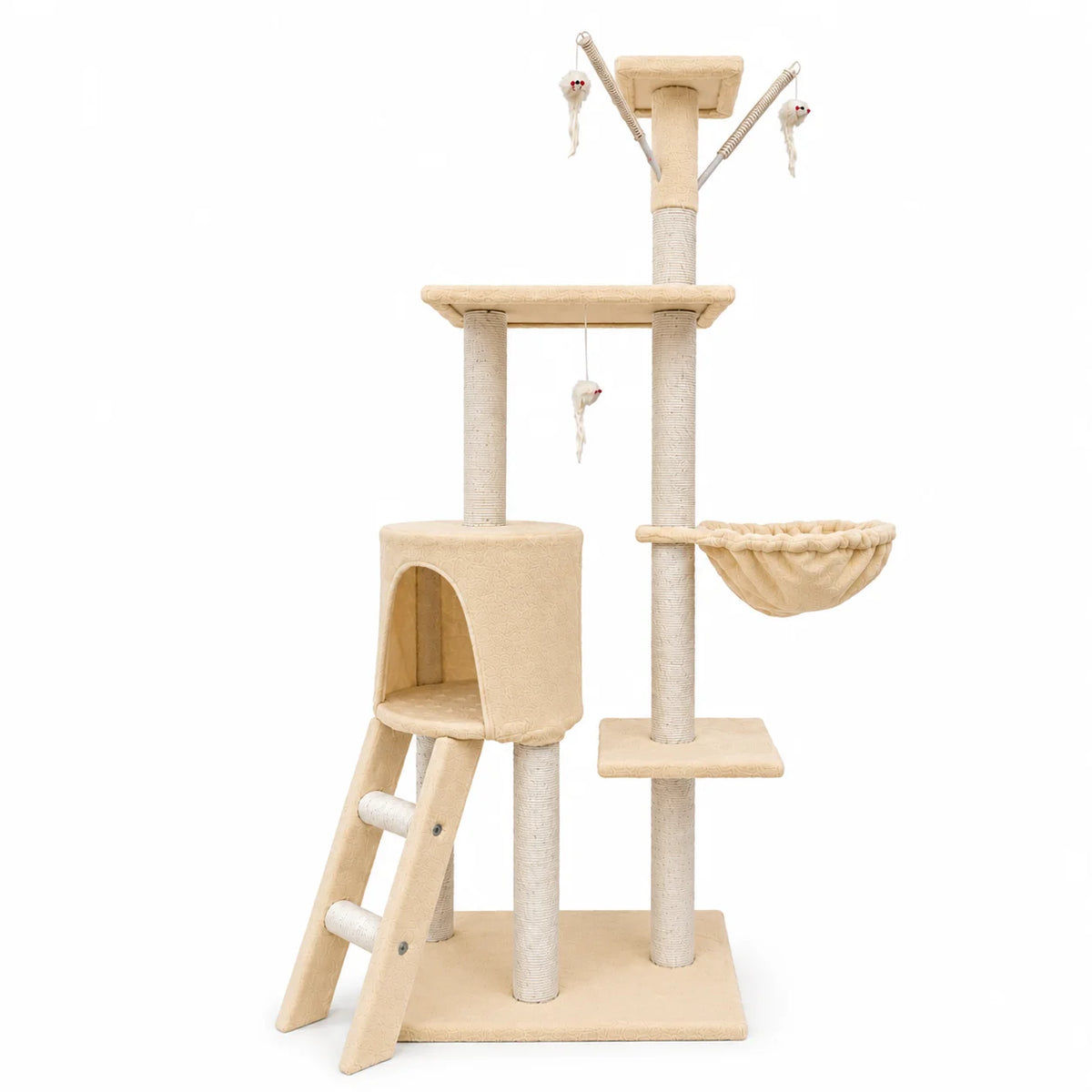 Rascador para gatos con torre multiusos, casita, hamaca y juguetes – Color Gris o Beige Amarillento Marca Cottecota + Vara