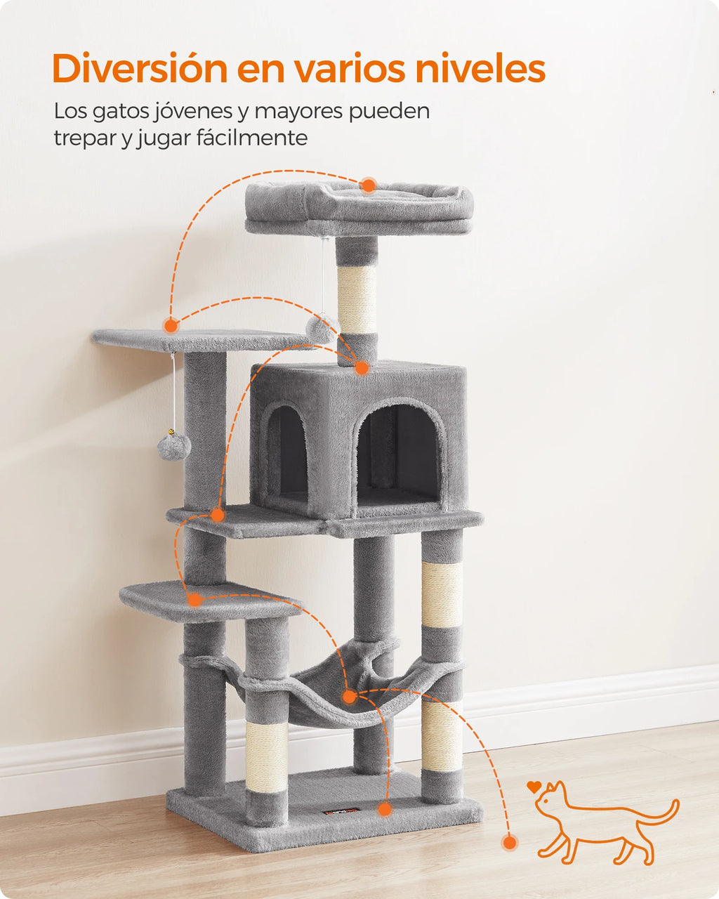 Feandrea Árbol para Gatos, Altura 112 cm/143cm, Torre de Gatos, con 4 Postes Rascadores, 2 Plataformas, 1 Cueva, 1 Hamaca, 2 Pompones, Tela de Felpa, Multinivel, Rosa Caramelo/Blanco Crema/Gris Claro/Gris Ahumado