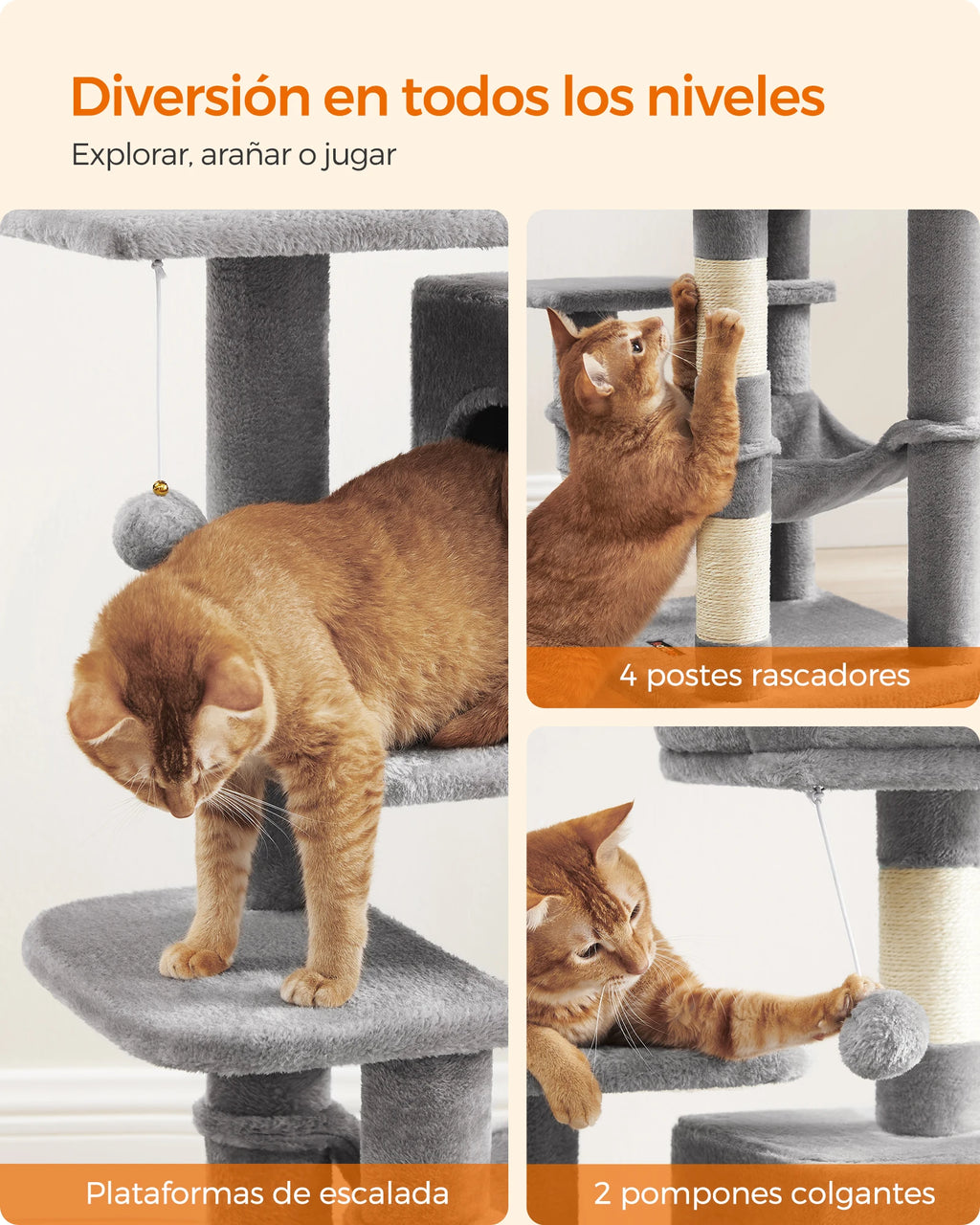Feandrea Árbol para Gatos, Altura 112 cm/143cm, Torre de Gatos, con 4 Postes Rascadores, 2 Plataformas, 1 Cueva, 1 Hamaca, 2 Pompones, Tela de Felpa, Multinivel, Rosa Caramelo/Blanco Crema/Gris Claro/Gris Ahumado