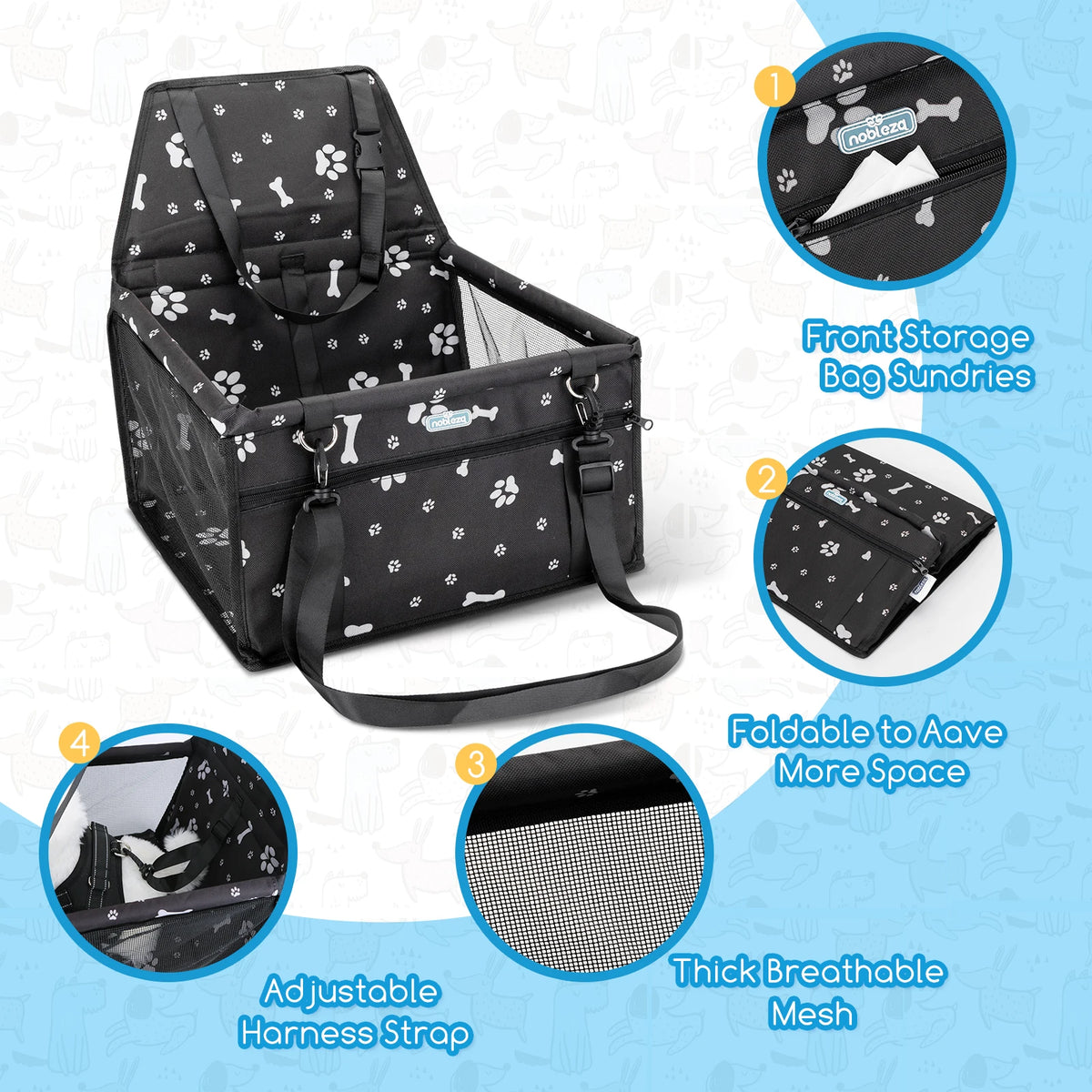 Nobleza - Refuerzo de Coche para Perros, Asiento del Coche de Seguridad para Mascotas Perro Gato Plegable Lavable Viaje Bolsas y Otra Mascota Pequeña con Cremallera Bolsillo, 40 * 34 * 25 cm