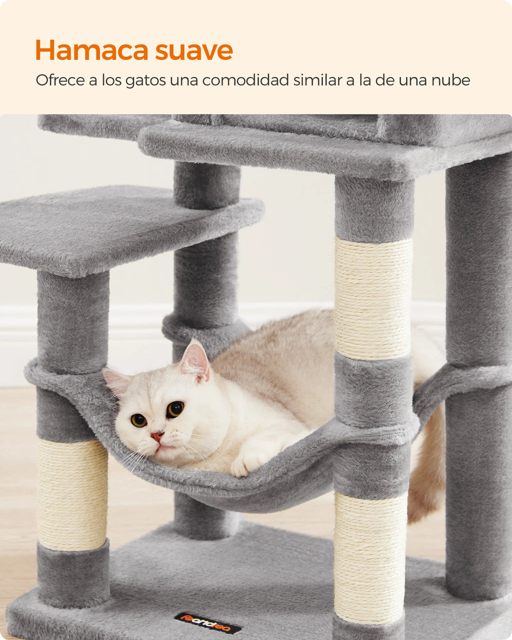 Feandrea Árbol para Gatos, Altura 112 cm/143cm, Torre de Gatos, con 4 Postes Rascadores, 2 Plataformas, 1 Cueva, 1 Hamaca, 2 Pompones, Tela de Felpa, Multinivel, Rosa Caramelo/Blanco Crema/Gris Claro/Gris Ahumado