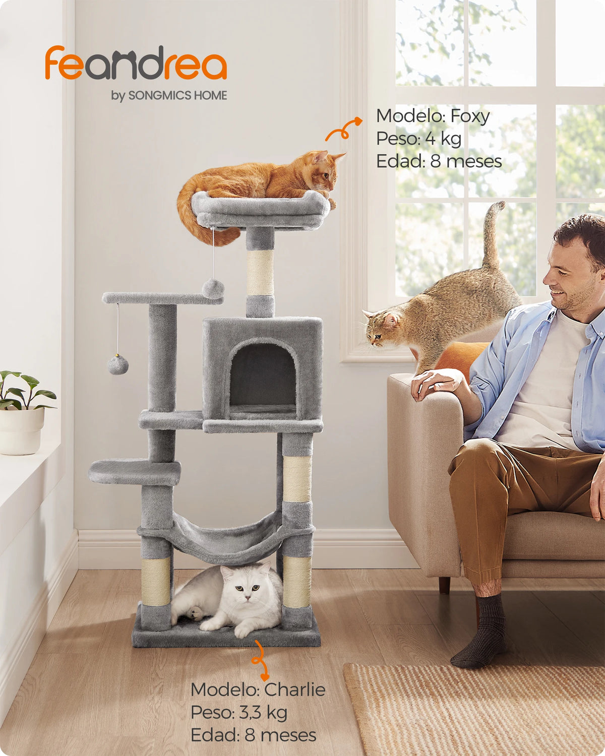 Feandrea Árbol para Gatos, Altura 112 cm/143cm, Torre de Gatos, con 4 Postes Rascadores, 2 Plataformas, 1 Cueva, 1 Hamaca, 2 Pompones, Tela de Felpa, Multinivel, Rosa Caramelo/Blanco Crema/Gris Claro/Gris Ahumado