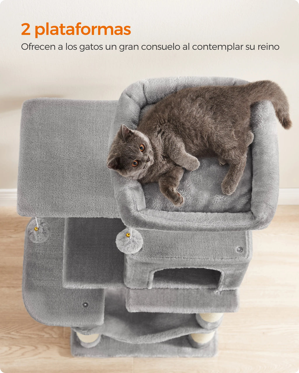 Feandrea Árbol para Gatos, Altura 112 cm/143cm, Torre de Gatos, con 4 Postes Rascadores, 2 Plataformas, 1 Cueva, 1 Hamaca, 2 Pompones, Tela de Felpa, Multinivel, Rosa Caramelo/Blanco Crema/Gris Claro/Gris Ahumado
