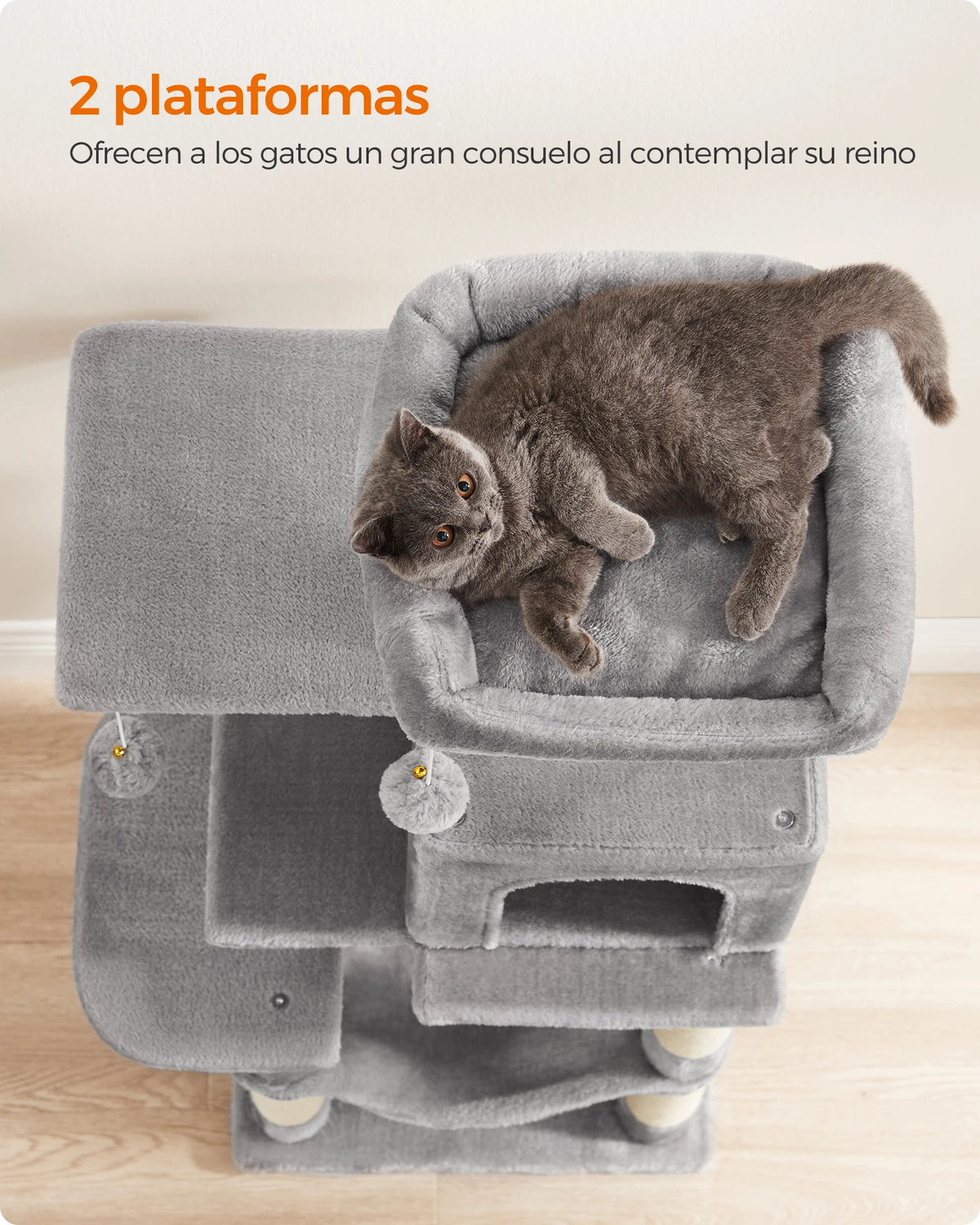Feandrea Árbol para Gatos, Altura 112 cm/143cm, Torre de Gatos, con 4 Postes Rascadores, 2 Plataformas, 1 Cueva, 1 Hamaca, 2 Pompones, Tela de Felpa, Multinivel, Rosa Caramelo/Blanco Crema/Gris Claro/Gris Ahumado
