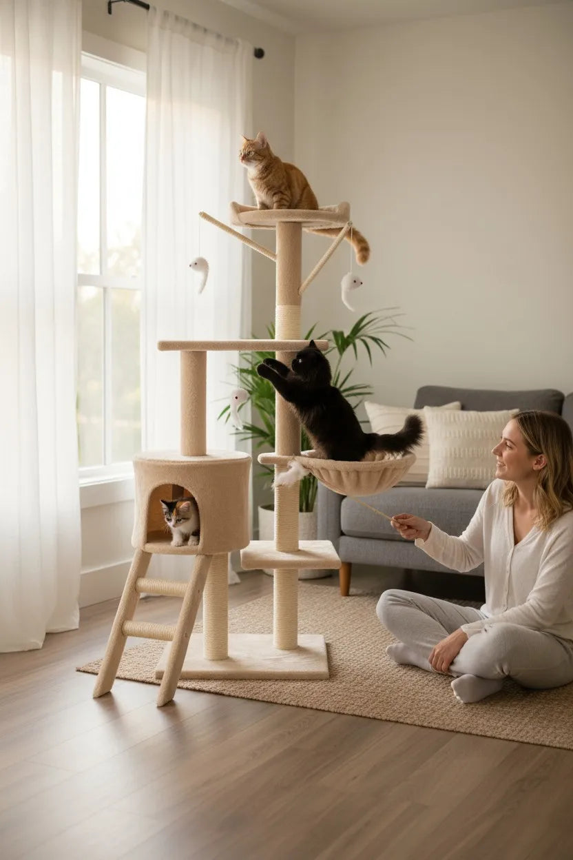 Rascador para gatos con torre multiusos, casita, hamaca y juguetes – Color Gris o Beige Amarillento Marca Cottecota + Vara