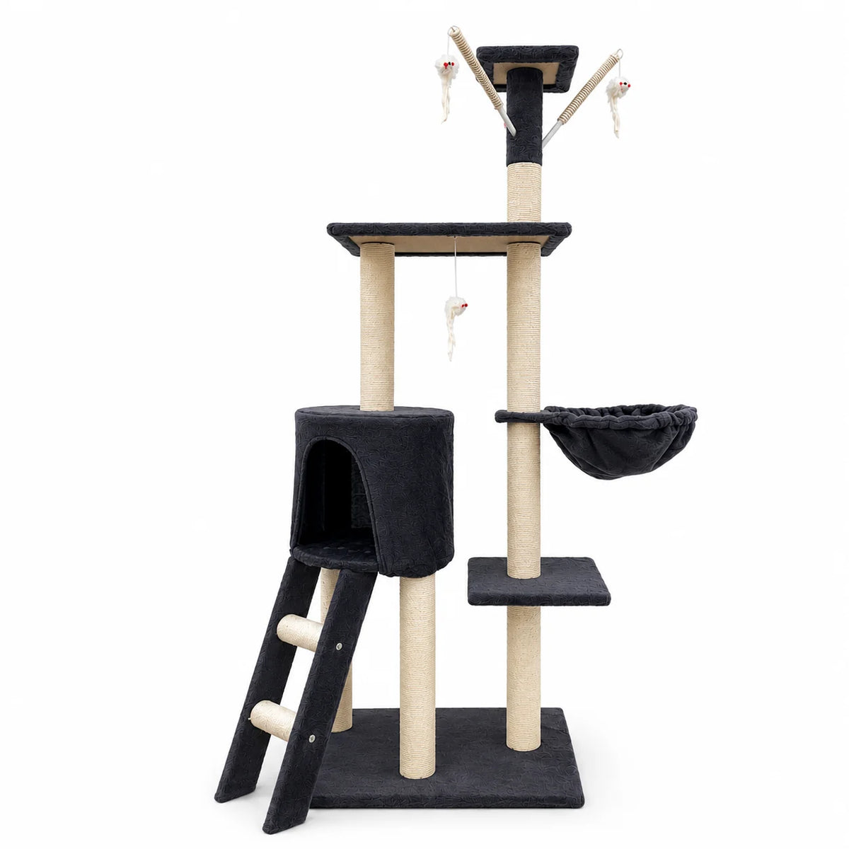 Rascador para gatos con torre multiusos, casita, hamaca y juguetes – Color Gris o Beige Amarillento Marca Cottecota + Vara