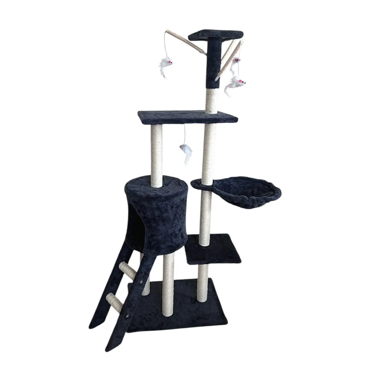 Rascador para gatos con torre multiusos, casita, hamaca y juguetes – Color Gris o Beige Amarillento Marca Cottecota + Vara
