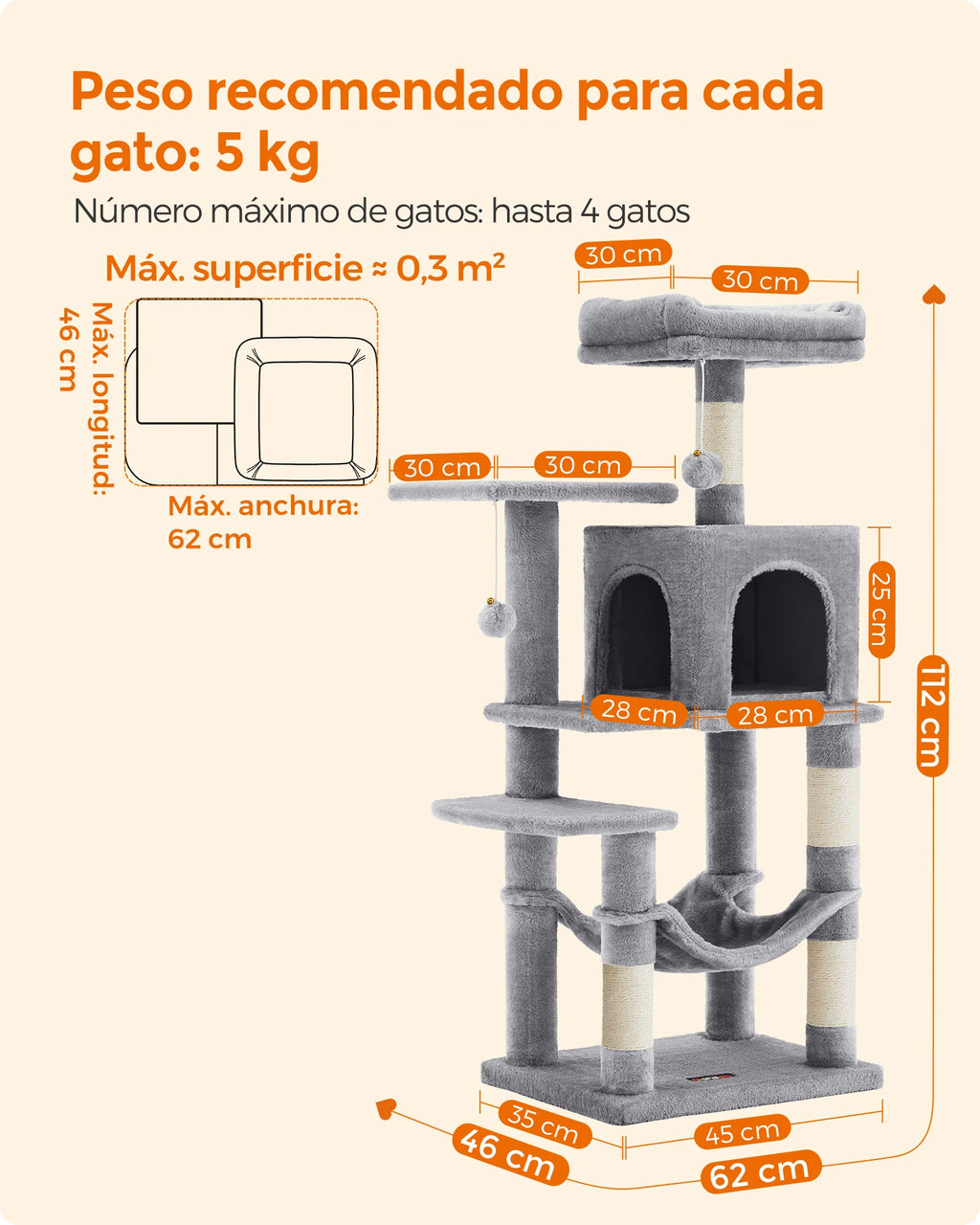 Feandrea Árbol para Gatos, Altura 112 cm/143cm, Torre de Gatos, con 4 Postes Rascadores, 2 Plataformas, 1 Cueva, 1 Hamaca, 2 Pompones, Tela de Felpa, Multinivel, Rosa Caramelo/Blanco Crema/Gris Claro/Gris Ahumado