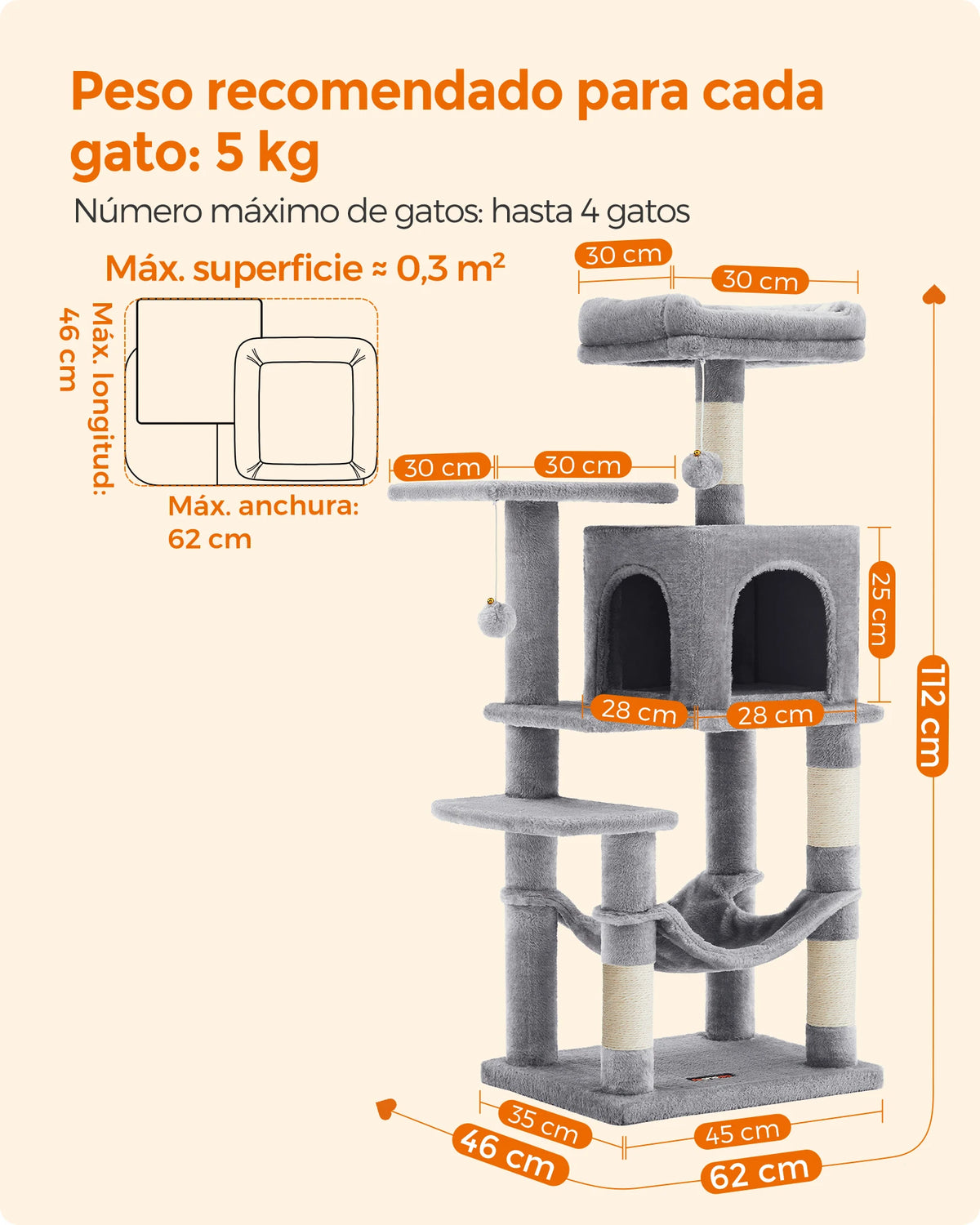 Feandrea Árbol para Gatos, Altura 112 cm/143cm, Torre de Gatos, con 4 Postes Rascadores, 2 Plataformas, 1 Cueva, 1 Hamaca, 2 Pompones, Tela de Felpa, Multinivel, Rosa Caramelo/Blanco Crema/Gris Claro/Gris Ahumado
