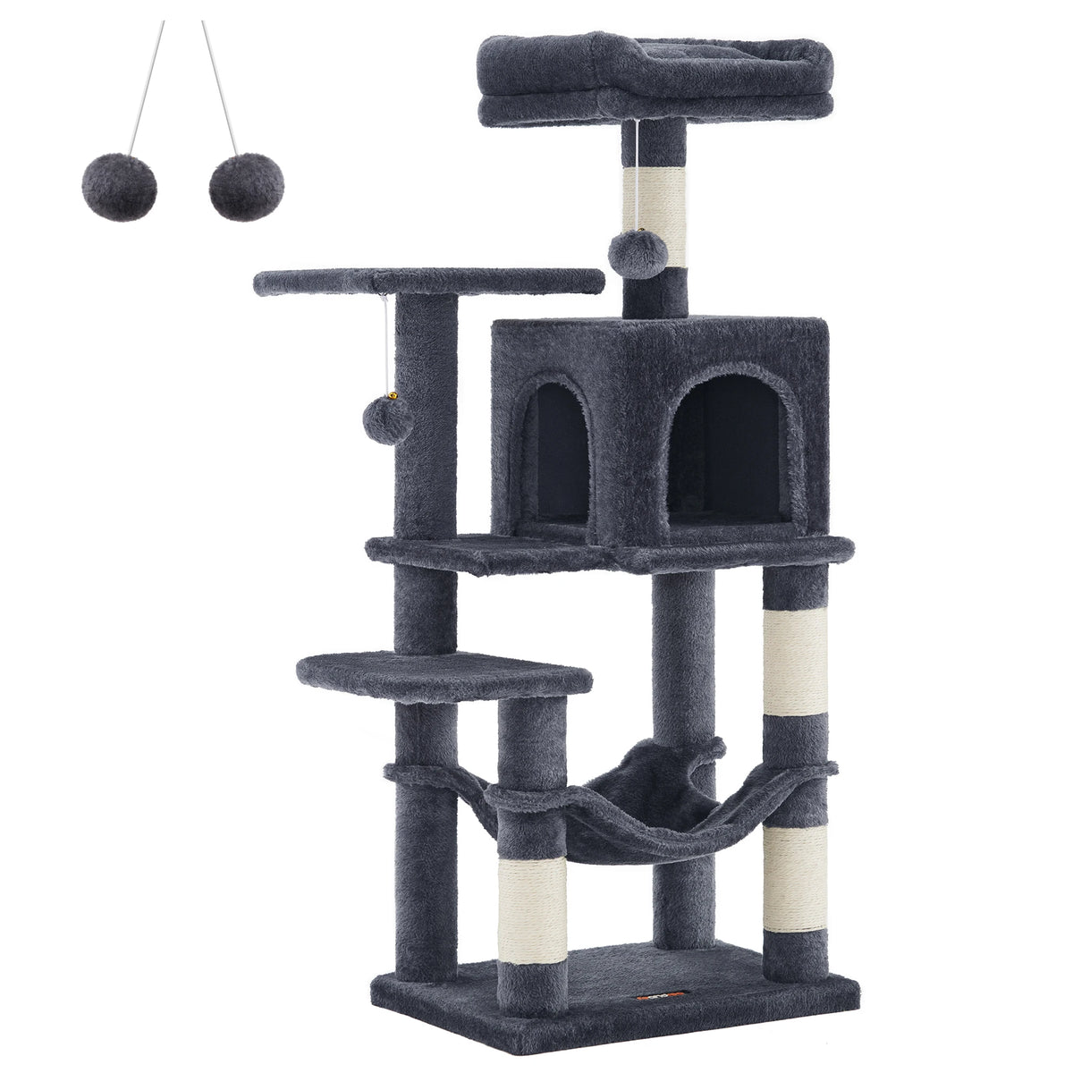 Feandrea Árbol para Gatos, Altura 112 cm/143cm, Torre de Gatos, con 4 Postes Rascadores, 2 Plataformas, 1 Cueva, 1 Hamaca, 2 Pompones, Tela de Felpa, Multinivel, Rosa Caramelo/Blanco Crema/Gris Claro/Gris Ahumado