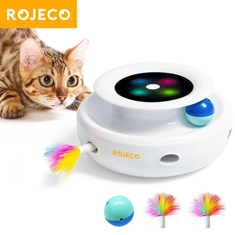 ROJECO-juguetes inteligentes 2 en 1 para gatos, juego de pelota divertida con plumas automáticas para perros y gatos, 5 modos, accesorios electrónicos interactivos para juguetes para mascotas