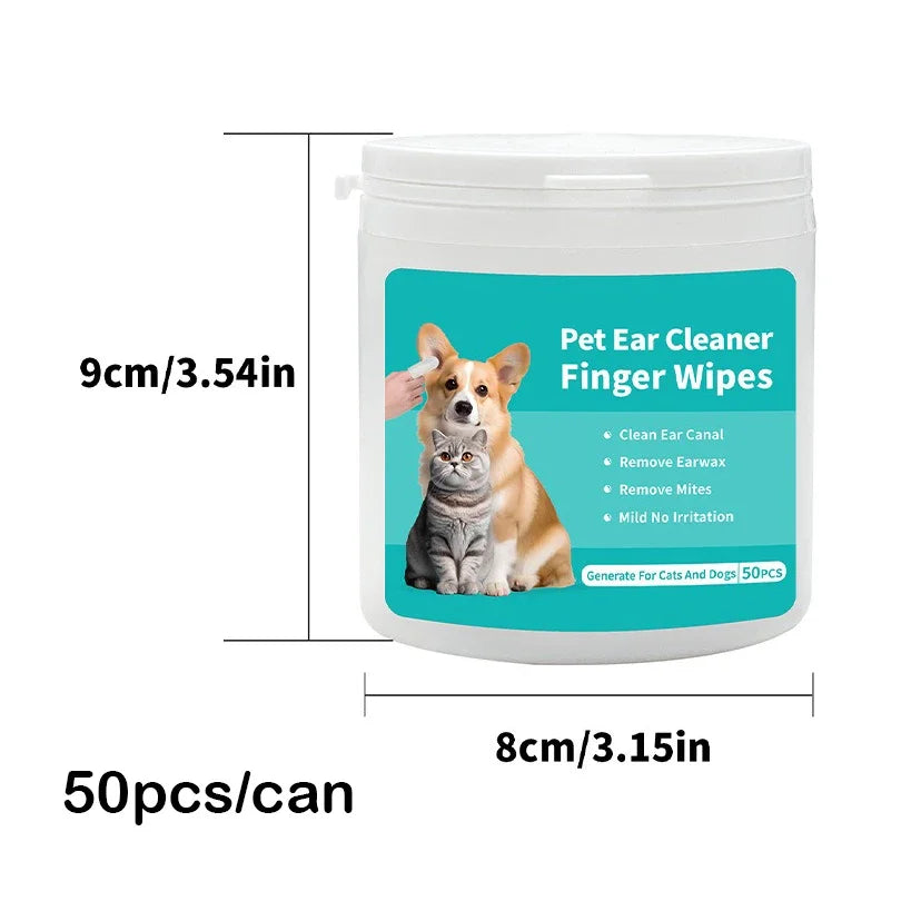 50 Uds. Productos de limpieza para mascotas, toallitas para limpieza de orejas, cuidado de los oídos, yemas de los dedos, eliminación de ácaros, productos para limpieza de orejas de gato y perro