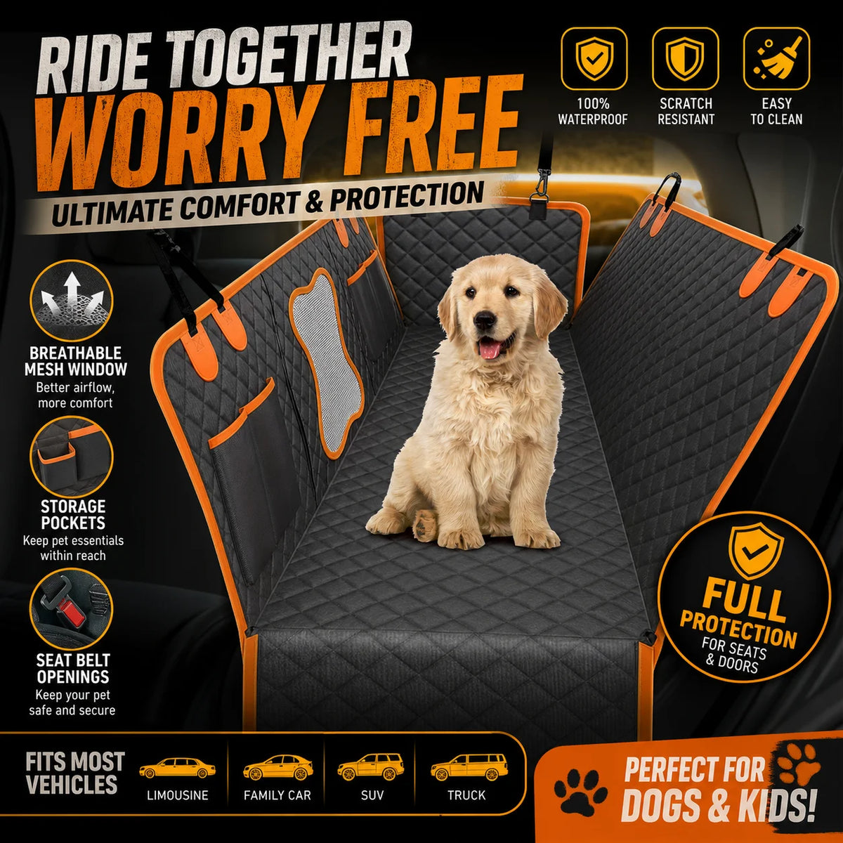 Funda Protectora para Asiento de Coche para Mascotas HoldPeak T0A66, Hamaca Impermeable para Perros, para SUV, Sedán, Camioneta, Antideslizante, Resistente a Arañazos, Accesorios de Viaje para Mascotas
