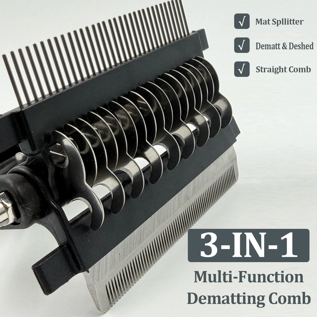 3-in-1 pet grooming brush, dog hair remover, double-sided comb for removing loose hair with stainless steel teeth, hair knot cutter
