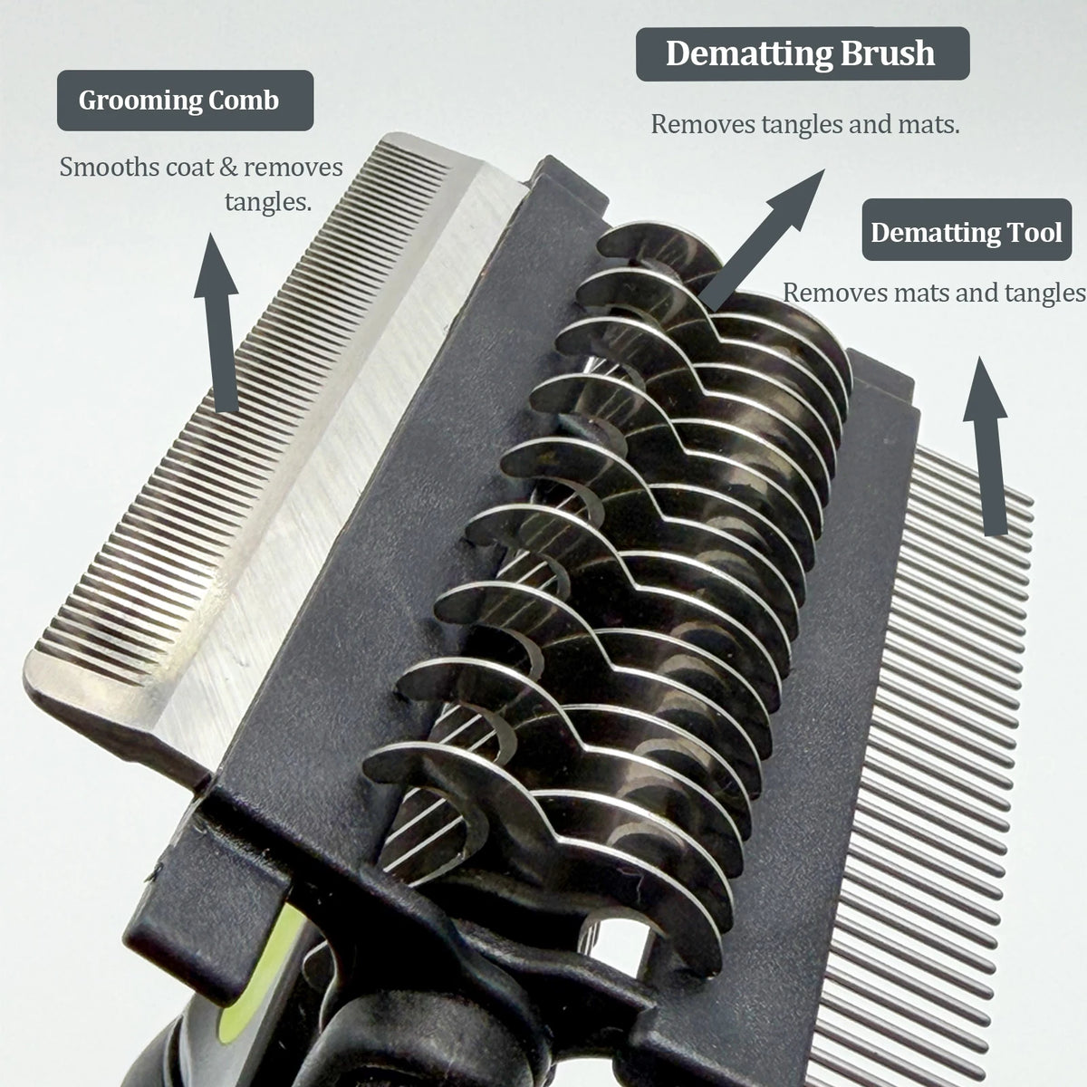 3-in-1 pet grooming brush, dog hair remover, double-sided comb for removing loose hair with stainless steel teeth, hair knot cutter
