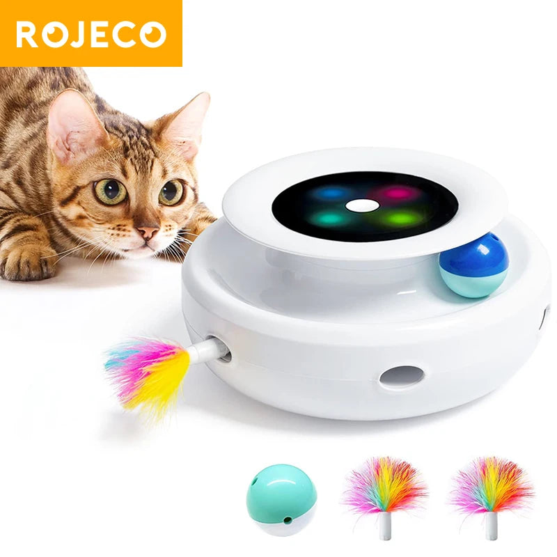 ROJECO 2-in-1 intelligentes Katzenspielzeug, automatisches Federball-Spielzeug für Hunde und Katzen, 5 Modi, elektronisches interaktives Haustierspielzeug-Zubehör