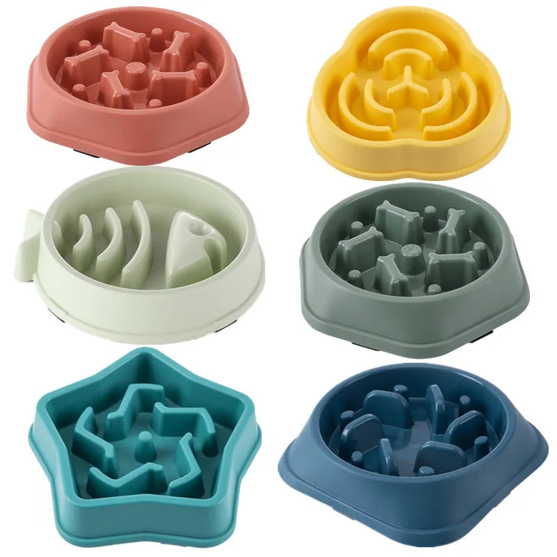 Cuenco de comida lenta para perros y gatos, ayuda para grasa, redondo saludable, antiasfixia, engrosado y antideslizante, formas de varios colores