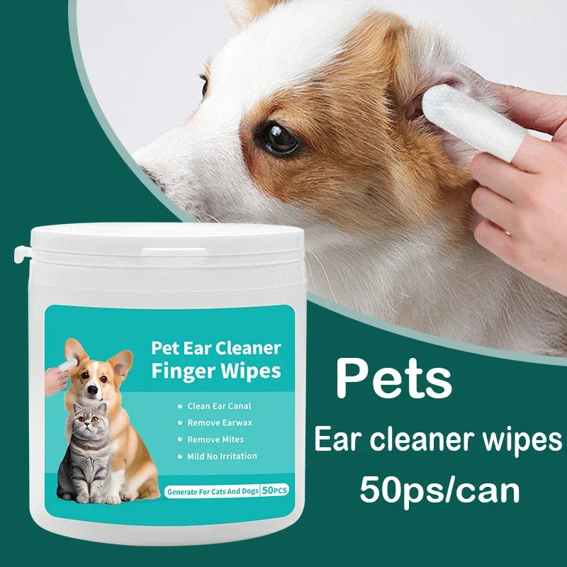 50 Uds. Productos de limpieza para mascotas, toallitas para limpieza de orejas, cuidado de los oídos, yemas de los dedos, eliminación de ácaros, productos para limpieza de orejas de gato y perro