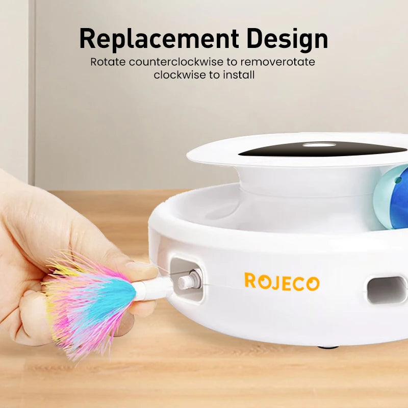 ROJECO-juguetes inteligentes 2 en 1 para gatos, juego de pelota divertida con plumas automáticas para perros y gatos, 5 modos, accesorios electrónicos interactivos para juguetes para mascotas